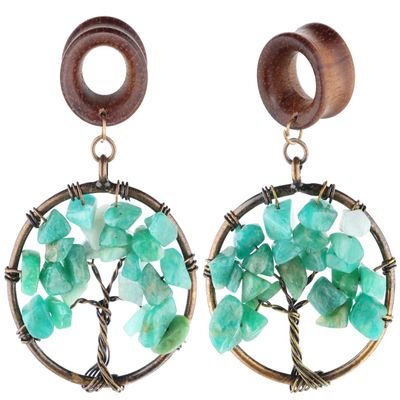 1/2 inch 12mm Natural Amazonite Tree of Life Wood Dangle Ear Gauges Piercing Flesh Tunnels Plugs Stretching Kit Expander