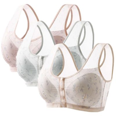 3 Pack Everyday Lace Front Close Bras - Women Floral Full-Comfort Cotton Soft Bra Front Button Soft Padded Bras