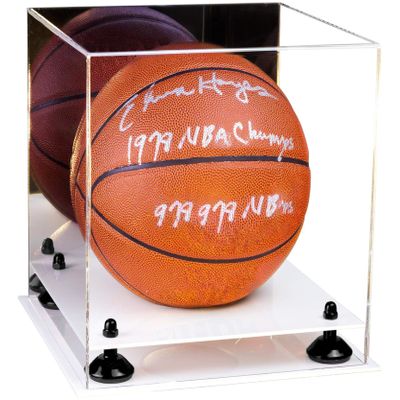 Better Display Cases Basketball Holder Clear Full Size Acrylic Display Case with Black Risers ,White Two Tiered Base ,Mirror Back,11" L x 11" W x 11" H (A001-BR)