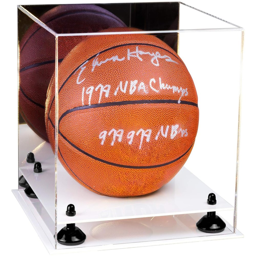 Better Display Cases Basketball Holder Clear Full Size Acrylic Display Case with Black Risers ,White Two Tiered Base ,Mirror Back,11" L x 11" W x 11" H (A001-BR)