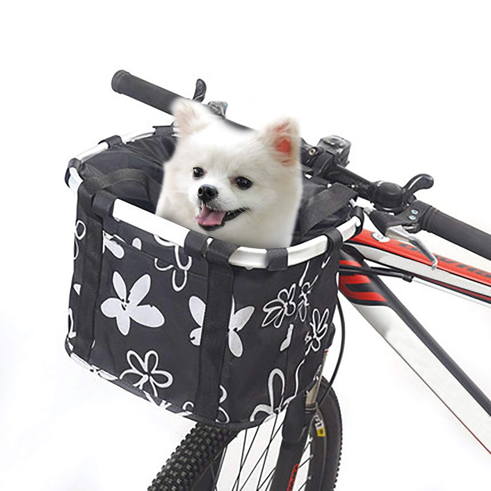 URBEST Bike Basket,Small Pets Cat Dog Folding Carrier,Removable Bicycle Handlebar Front Basket, Quick Release and Easy to Install,Detachable Cycling Bag (Black Flower)