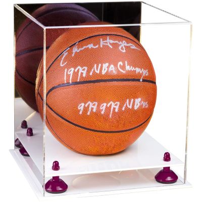 Better Display Cases Basketball Holder Clear Full Size Acrylic Display Case with Purple Risers ,White Two Tiered Base ,Mirror Back,11" L x 11" W x 11" H (A001-PR)