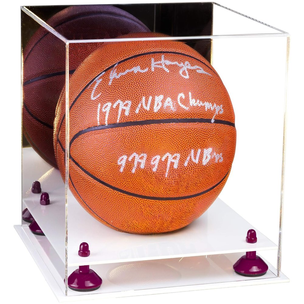 Better Display Cases Basketball Holder Clear Full Size Acrylic Display Case with Purple Risers ,White Two Tiered Base ,Mirror Back,11" L x 11" W x 11" H (A001-PR)