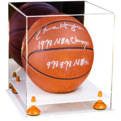 Better Display Cases Basketball Holder Clear Full Size Acrylic Display Case with Orange Risers ,White Two Tiered Base ,Mirror Back,11" L x 11" W x 11" H (A001-OR)