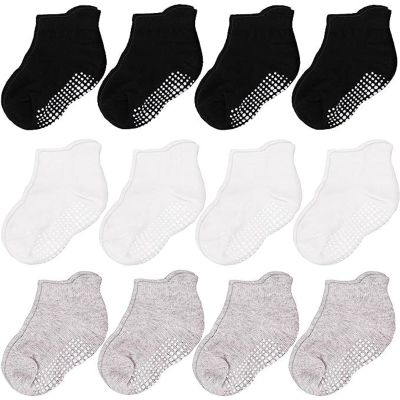 CozyWay Toddler Socks with Ankle Grips - Non-Slip Baby Socks with Grips - Grippy Pair for Toddlers Girls - 1T-3T, Black/White/Gray, Pack of 12