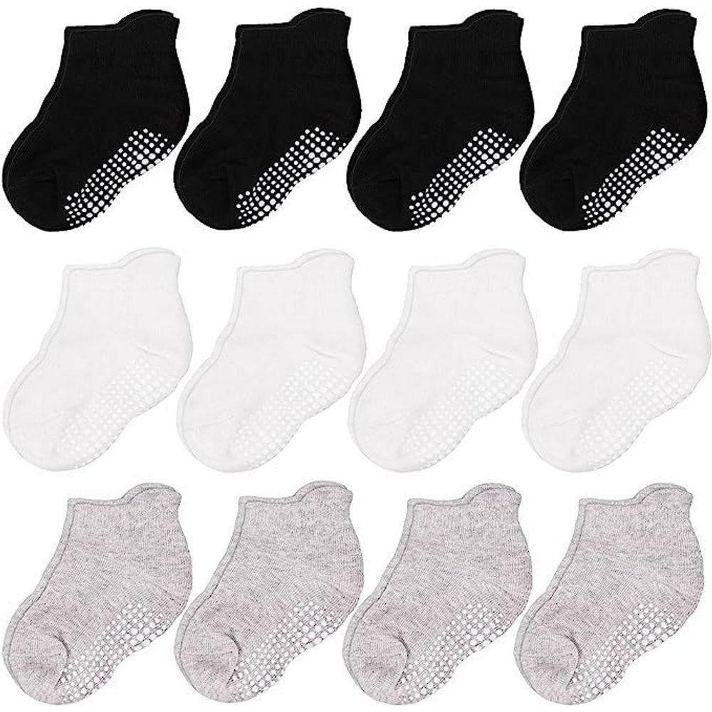 CozyWay Toddler Socks with Ankle Grips - Non-Slip Baby Socks with Grips - Grippy Pair for Toddlers Girls - 1T-3T, Black/White/Gray, Pack of 12