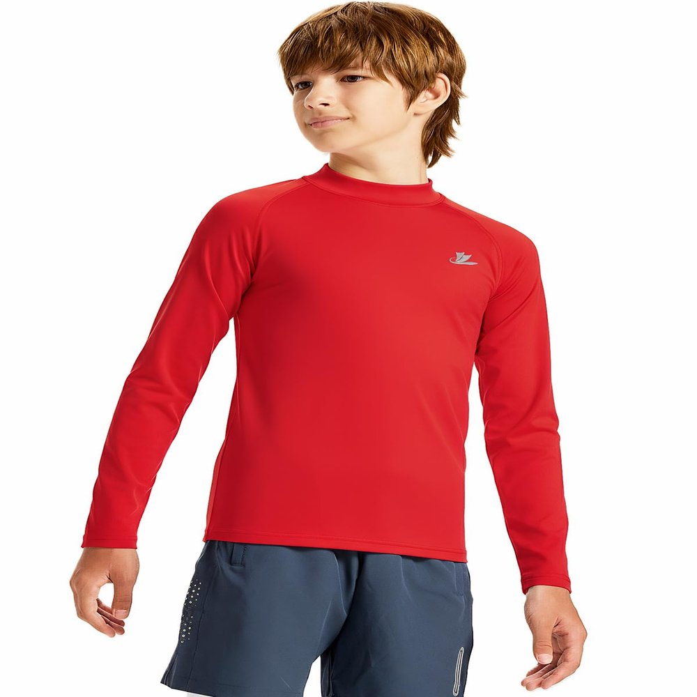 DEVOROPA Youth Boys Compression Thermal Shirts Long Sleeve Undershirt Fleece Baselayer Mock Top Red XS