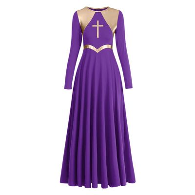 Women Metallic Cross Liturgical Praise Dance Dress Lyrical Dancewear Color Block Full Length Robe Worship Purple + Gold Cross M