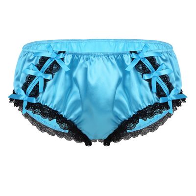 vastwit Silky Satin Ruffled Lace Trim Panties for Men Sissy Knickers French Maid Crossdressing Underwear Blue Medium