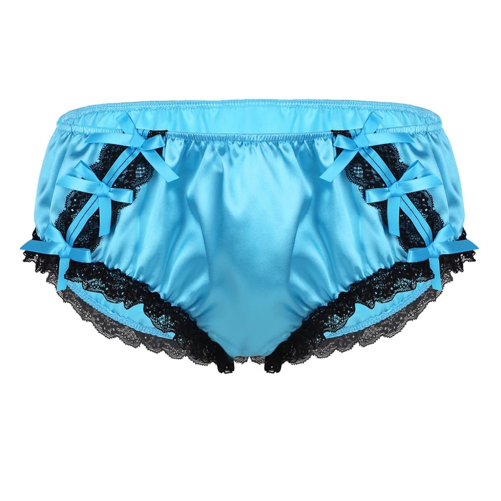 vastwit Silky Satin Ruffled Lace Trim Panties for Men Sissy Knickers French Maid Crossdressing Underwear Blue Medium
