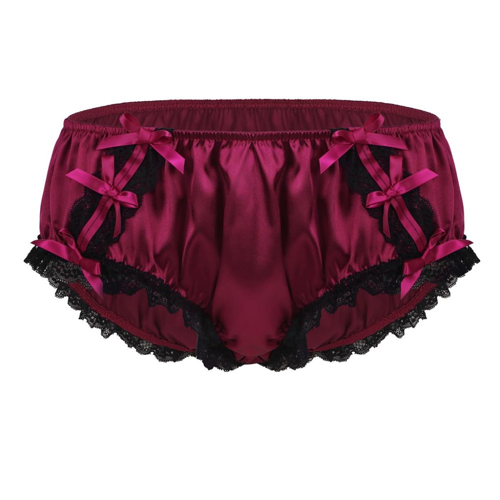 vastwit Silky Satin Ruffled Lace Trim Panties for Men Sissy Knickers French Maid Crossdressing Underwear Wine Red Medium