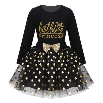 ACSUSS Toddler Girls Princess 2PCS Birthday Party Outfits Racer Back Vest with Sequins Polka Dots Tutu Skirt Set Long Sleeves Black 2-3
