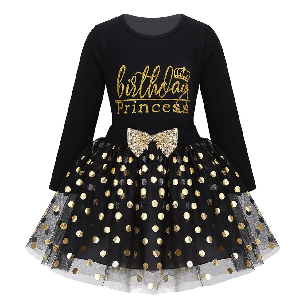 ACSUSS Toddler Girls Princess 2PCS Birthday Party Outfits Racer Back Vest with Sequins Polka Dots Tutu Skirt Set Long Sleeves Black 2-3