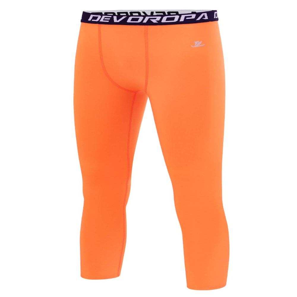 DEVOROPA Youth Boys Compression Pants 3/4 Length Sports Tights Leggings Soccer Basketball Base Layer Orange L