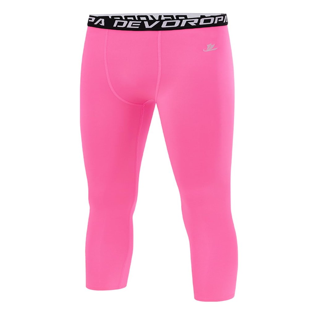 DEVOROPA Youth Boys Compression Pants 3/4 Length Sports Tights Leggings Soccer Basketball Base Layer Pink L