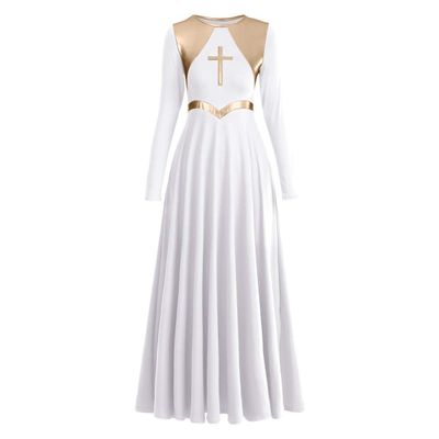 Women Metallic Cross Liturgical Praise Dance Dress Lyrical Dancewear Color Block Full Length Robe Worship Choir Dress Celebration of Spirit Dance Drseses White + Gold Cross XL