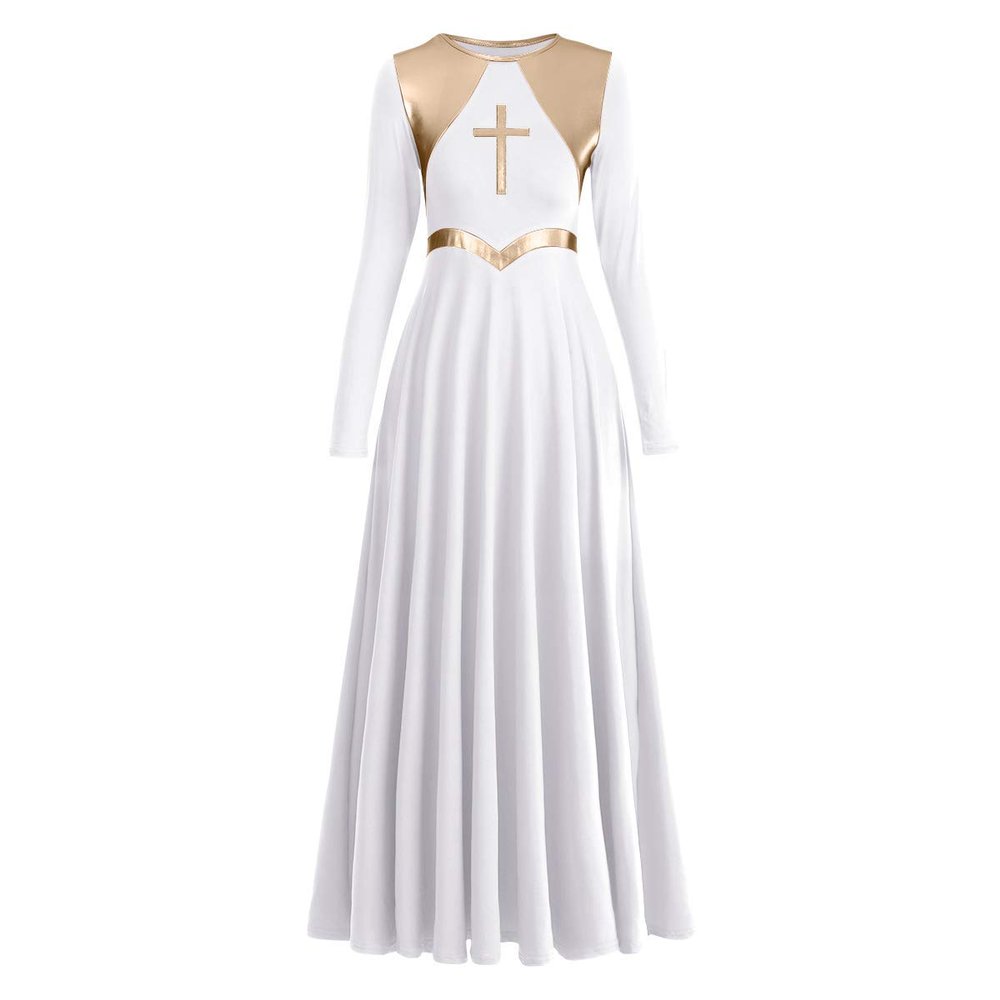 Women Metallic Cross Liturgical Praise Dance Dress Lyrical Dancewear Color Block Full Length Robe Worship Choir Dress Celebration of Spirit Dance Drseses White + Gold Cross XL