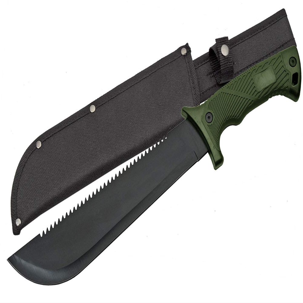 SZCO Supplies 16" Machete with Saw Back Blade  Tactical Hunting Knife with Rubberized Handle, Stainless Steel Blade, and Nylon Sheath  Military Style Camping and Outdoor Tool