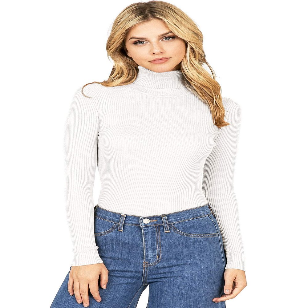 Ambiance Apparel Women's Ribbed Long Sleeve Turtleneck Top (M, Ivory)