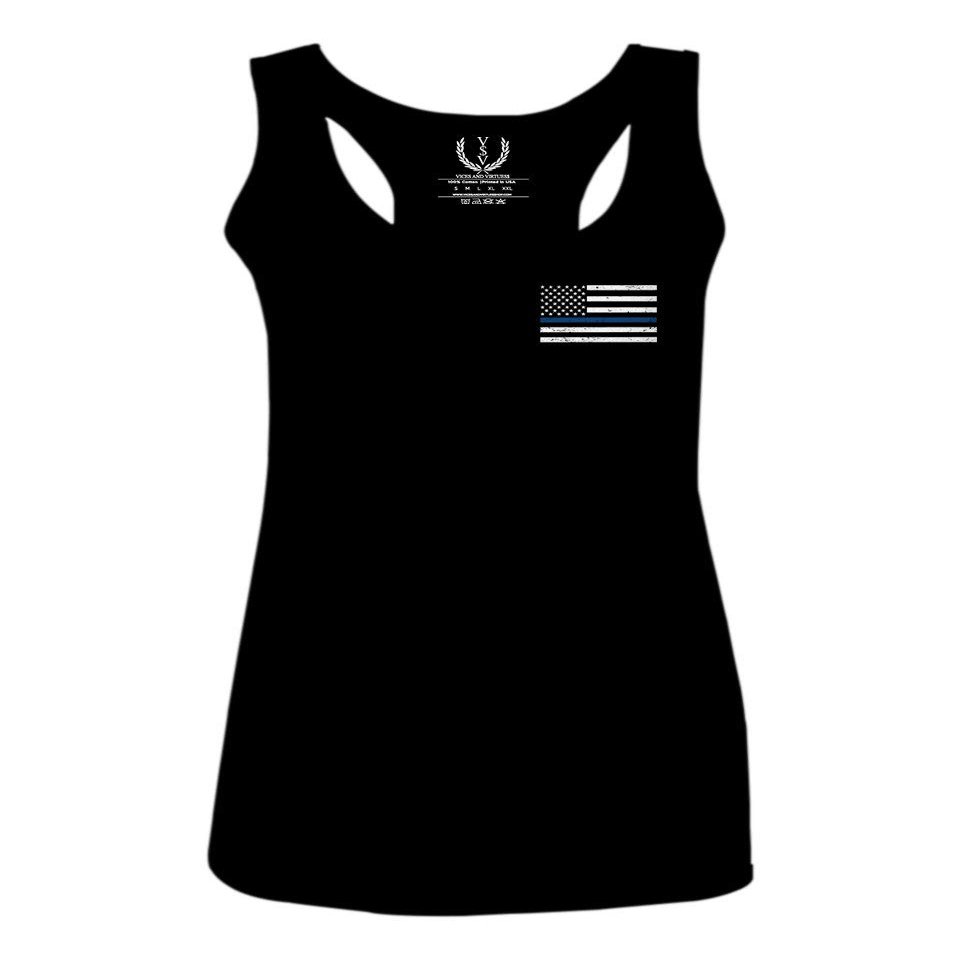 0084. American Flag Thin Blue Line Police Lives Matter Support Patriotic NY Sheriff Women's Tank Top Racerback (Black, X Small)
