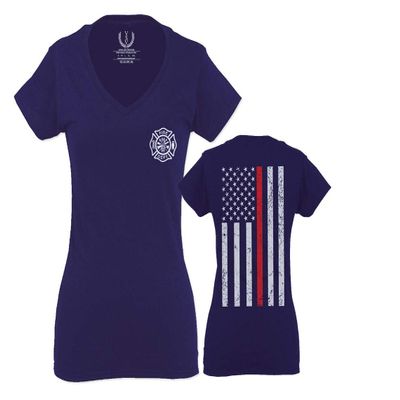 0058. American Flag Thin Red Line Firefighter Support Seal for Women V Neck Fitted T Shirt (Navy Blue, X Small)