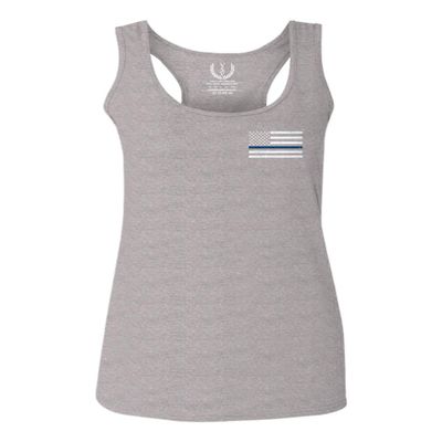 0084. American Flag Thin Blue Line Police Lives Matter Support Patriotic NY Sheriff Women's Tank Top Racerback (Light Gray X Small)