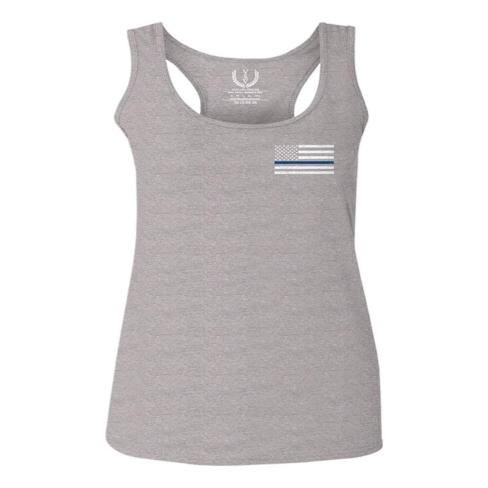 0084. American Flag Thin Blue Line Police Lives Matter Support Patriotic NY Sheriff Women's Tank Top Racerback (Light Gray X Small)