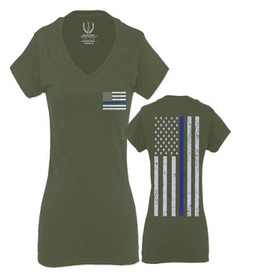 0084. American Flag Thin Blue Line Police Lives Matter Support Patriotic NY Sheriff for Women V Neck Fitted T Shirt (Olive, X Small)