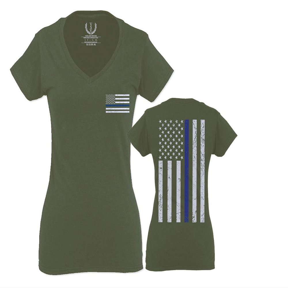 0084. American Flag Thin Blue Line Police Lives Matter Support Patriotic NY Sheriff for Women V Neck Fitted T Shirt (Olive, X Small)