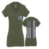 0084. American Flag Thin Blue Line Police Lives Matter Support Patriotic NY Sheriff for Women V Neck Fitted T Shirt (Olive, X Small) view 1