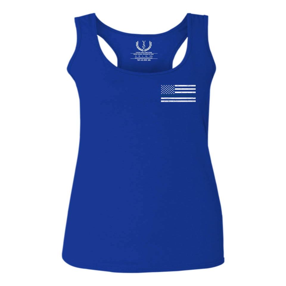 0084. American Flag Thin Blue Line Police Lives Matter Support Patriotic NY Sheriff Women's Tank Top Racerback (Royal Small)
