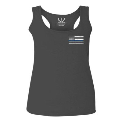 0084. American Flag Thin Blue Line Police Lives Matter Support Patriotic NY Sheriff Women's Tank Top Racerback (Characol X Small)