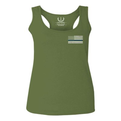 0084. American Flag Thin Blue Line Police Lives Matter Support Patriotic NY Sheriff Women's Tank Top Racerback (Olive, X Small)