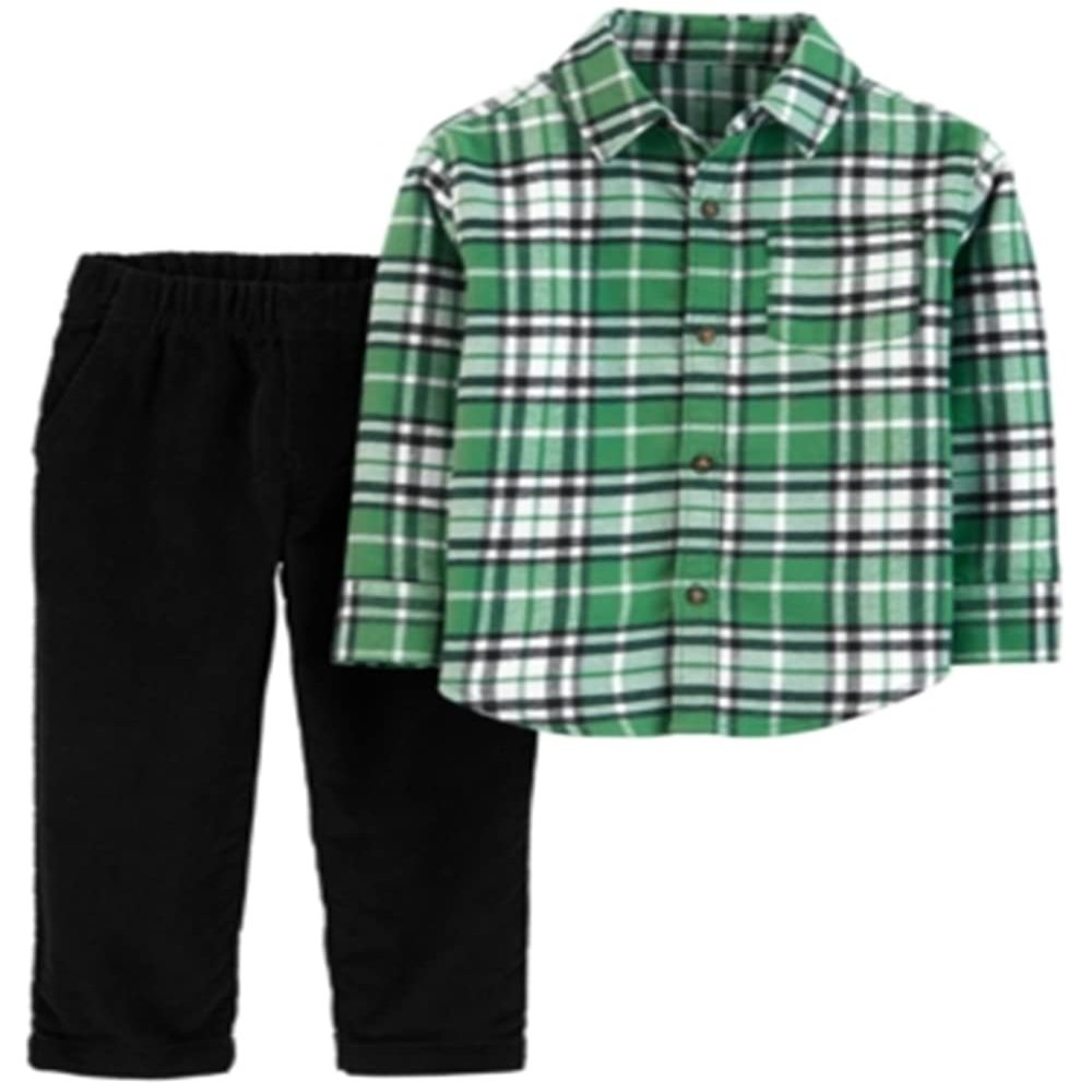 Carter's Boys' 2-Piece Long Sleeve Top and Pants Set (2T, Black/Green Plaid)