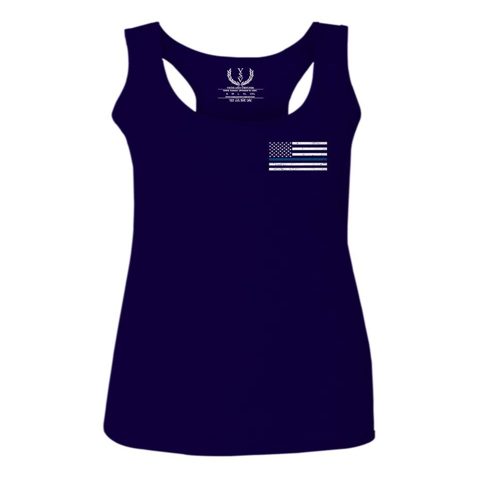0084. American Flag Thin Blue Line Police Lives Matter Support Patriotic NY Sheriff Women's Tank Top Racerback (Navy Blue, X Small)