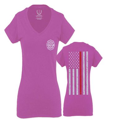 0058. American Flag Thin Red Line Firefighter Support Seal for Women V Neck Fitted T Shirt (Pink X Small)