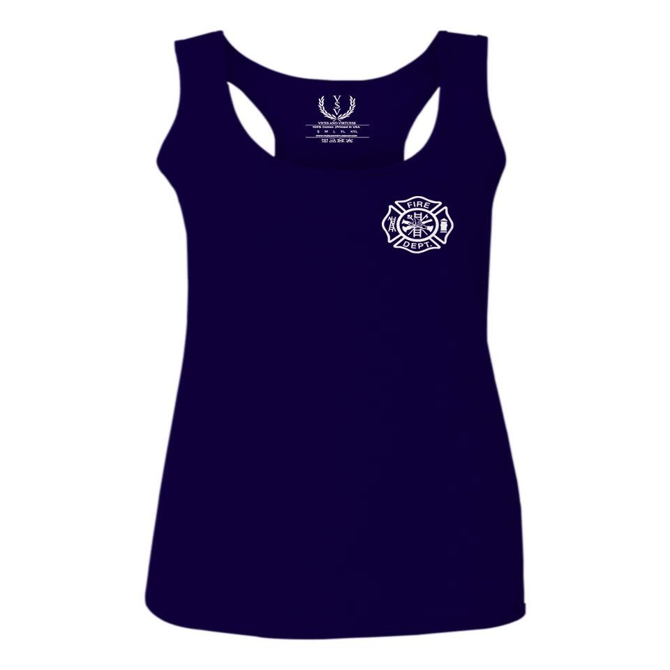 0058. American Flag Thin Red Line Firefighter Support Seal Women's Tank Top Racerback (Navy Blue, X Small)