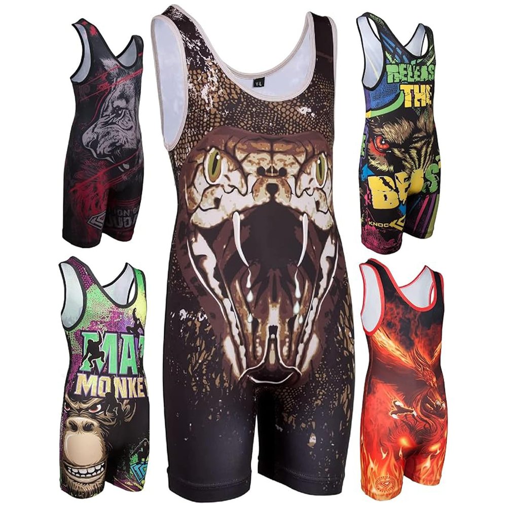 KO Sports Gear Unisex Wrestling Singlet for Adult Wrestlers - Wrestling Singlet for Men & Women - Bold Durable Uniform, Stretchy Breathable Material - Cobra Snake, Adult Large