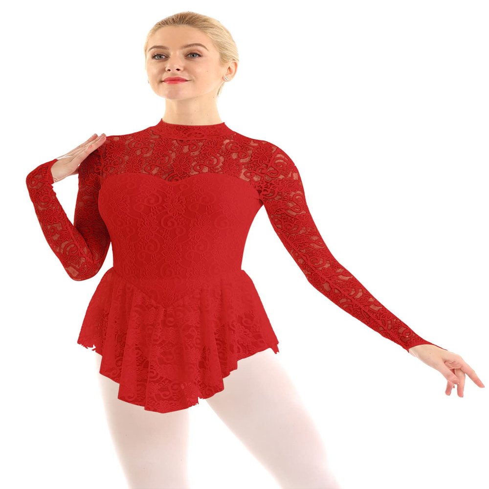 Aislor Women's Girls Ballet Dance Dress Lace Long Sleeve Figure Ice Skating Dress Leotard Dancewear Red Small