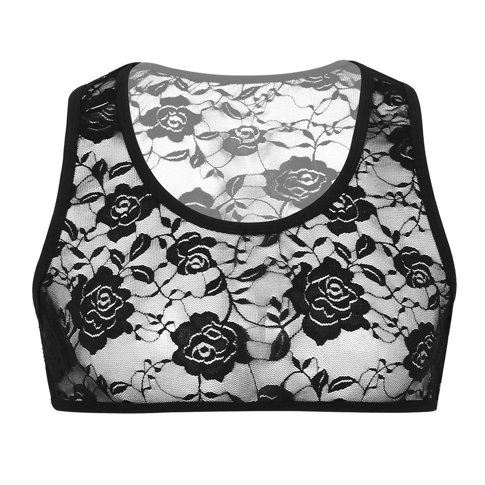 Freebily Sexy Men's Mesh See-Through Sleeveless Fishnet Muscle Crop Tank Top Vest Black Floral Lace Large