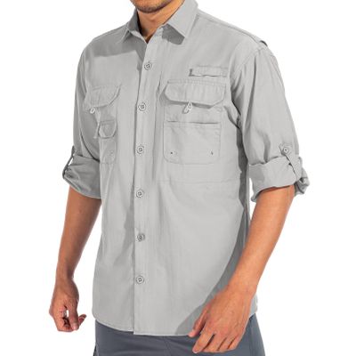 Mens Safari Shirts Long Sleeve UV Protection Hiking Fishing UPF 50+ Quick Dry Cooling Camping Travel Shirts#5066-Light Grey-2XL