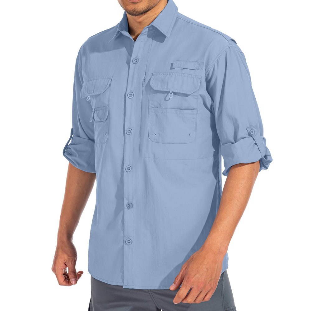 Mens Safari Shirts Long Sleeve UV Protection Hiking Fishing UPF 50+ Quick Dry Cooling Travel Shirts#5066-Blue-XXL