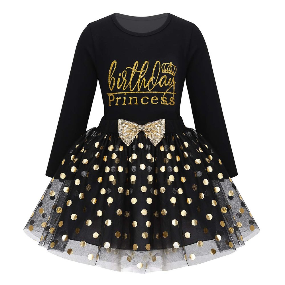 easyforever Toddler Kids Fancy Birthday Party Outfit 2PCS Long Sleeve Shirt Top with Shiny Polka Dots Tutu Skirt Set Black 3T