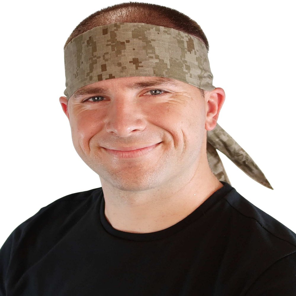Martial Arts Style Jumbo Double Sided Tapered Ends Headband with Wooden Bead - Digital Desert Camouflage - 100% Cotton Self Tie or Use Bead. Headband with Tapered Ends. Made in the USA!