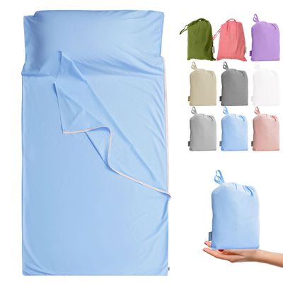 Cozysilk Brand - GANNAFEE Cotton Sleeping Bag Liner with Zipper - 100% Cotton Travel Sheet Sleep Sack Adult - Travel Sleeping Bag for Hotels Camping Hiking (Single - 33.5 x 87 inch, Blue)