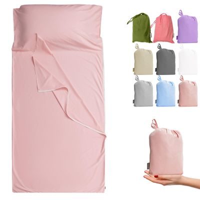 Cozysilk Brand - GANNAFEE Cotton Sleeping Bag Liner with Zipper - 100% Cotton Travel Sheet Sleep Sack Adult - Travel Sleeping Bag for Hotels Camping Hiking (Single - 33.5 x 87 inch, Pink)