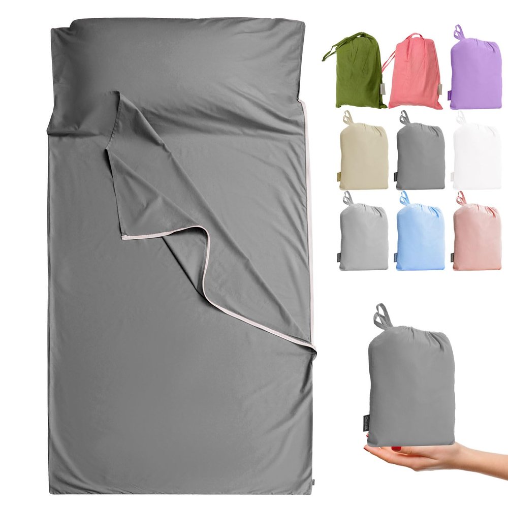 Cozysilk Brand - GANNAFEE Cotton Sleeping Bag Liner with Zipper - 100% Cotton Travel Sheet Sleep Sack Adult - Travel Sleeping Bag for Hotels Camping Hiking (Single Luxury - 41 x 87 inch, A-Dark Grey)