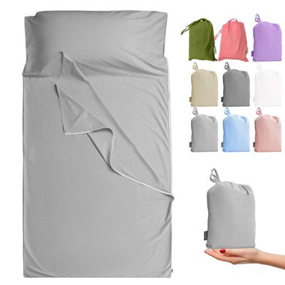 Cozysilk Brand - GANNAFEE Cotton Sleeping Bag Liner with Zipper - 100% Cotton Travel Sheet Sleep Sack Adult - Travel Sleeping Bag for Hotels Camping Hiking (Single Luxury - 41 x 87 inch, Light Grey)