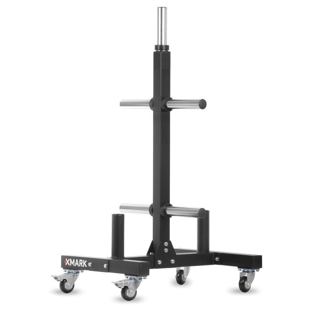 Commercial Olympic Bumper Plate Tree, 750 lb Capacity, with Two Bar Holders and Transport Wheels