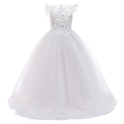 Flower Girls Lace Bridesmaid Dress Long A-line Wedding Pageant Long Dresses Little Princess Formal First Communion Birthday Party Floor Length Maxi Dress Kids Prom Puffy Tulle Ball Gowns White 7-8Y